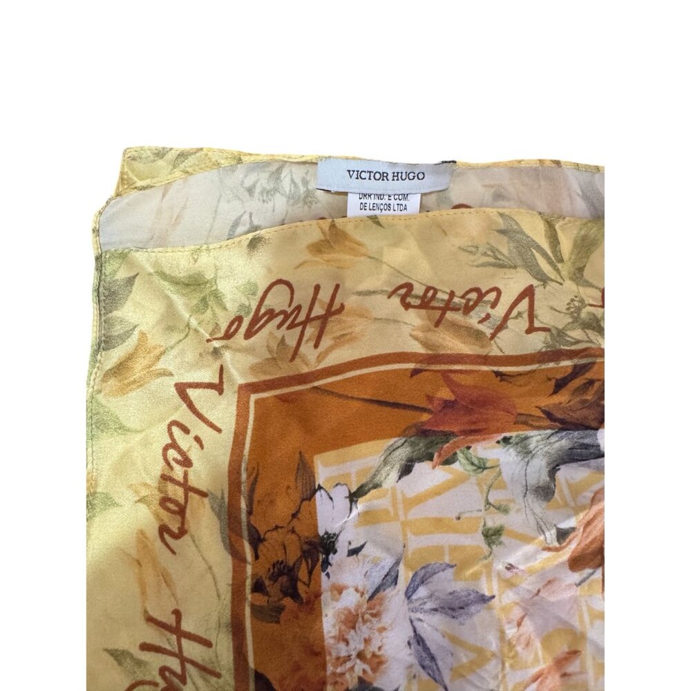 Vintage Victor Hugo Womens Floral Silk Scarf Yellow Botanical Monogram 60cm - Picture 4 of 7